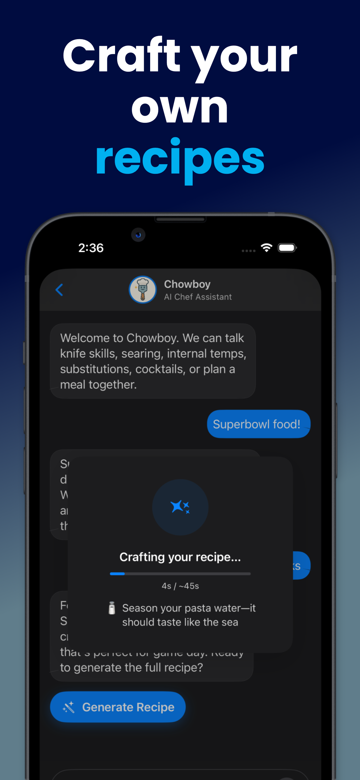 Chowboy AI Chef Assistant chat interface generating a custom Superbowl recipe
