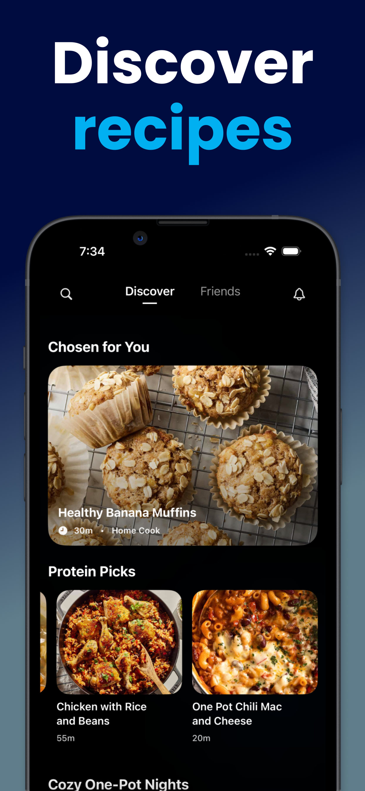 Chowboy recipe discovery feed showing personalized recipe picks including Healthy Banana Muffins and Chicken with Rice