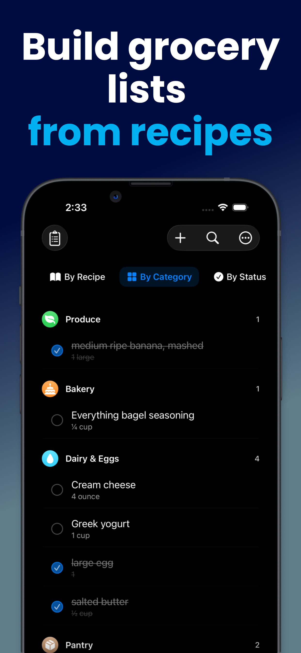 Chowboy grocery list organized by category showing Produce, Bakery, Dairy & Eggs sections with check-off capability