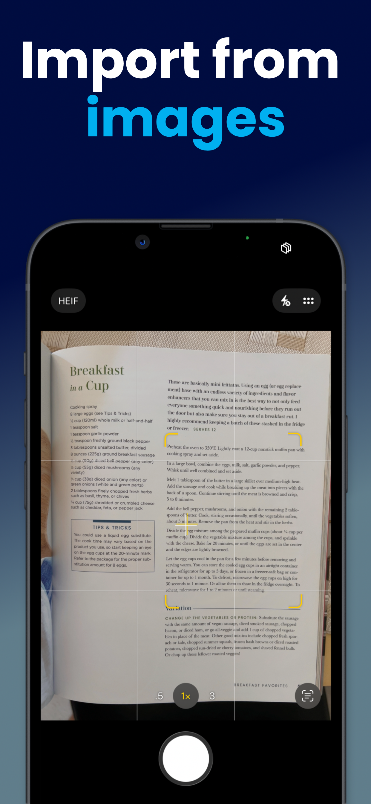 Chowboy camera scanner importing a printed cookbook recipe from a physical book