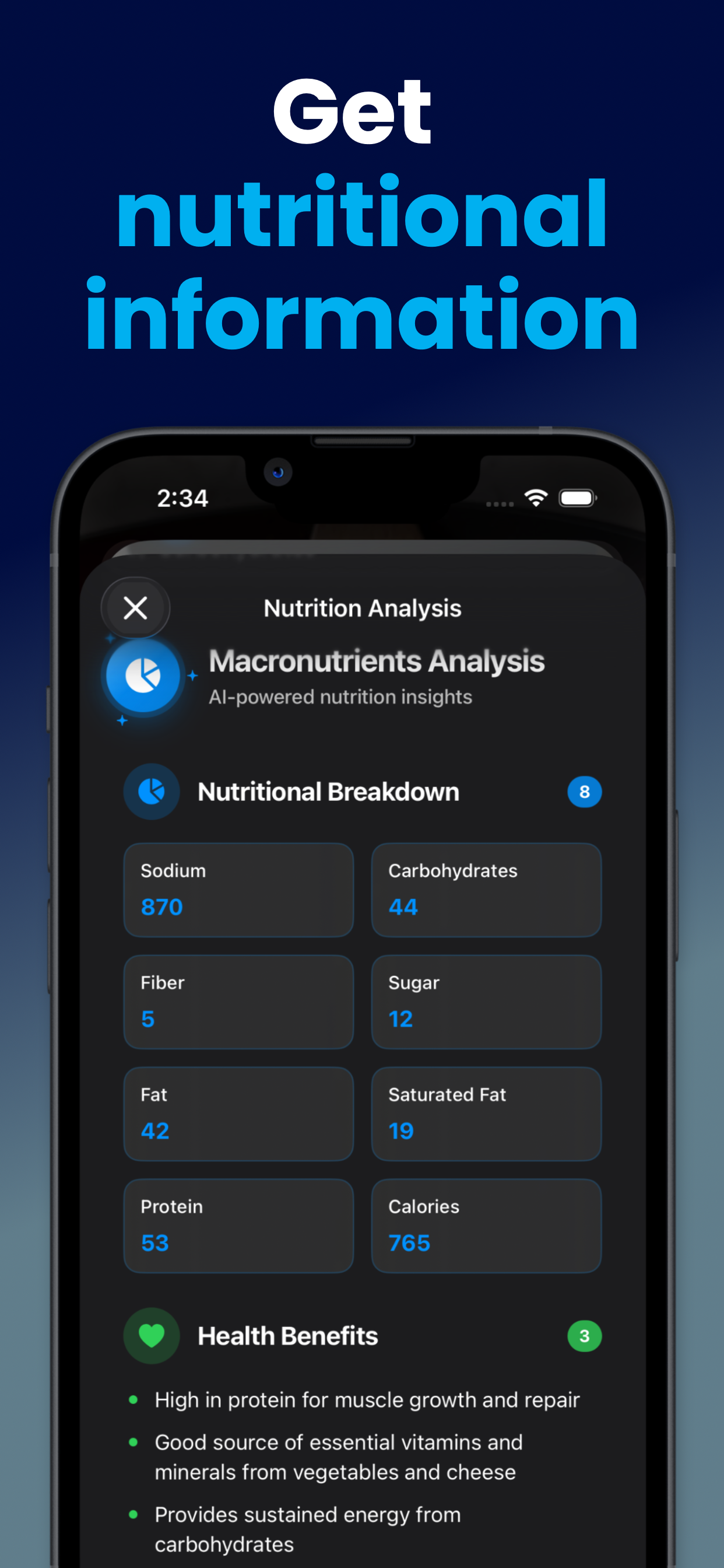 Chowboy nutrition analysis showing macronutrient breakdown with 53g protein, 765 calories, and health benefits