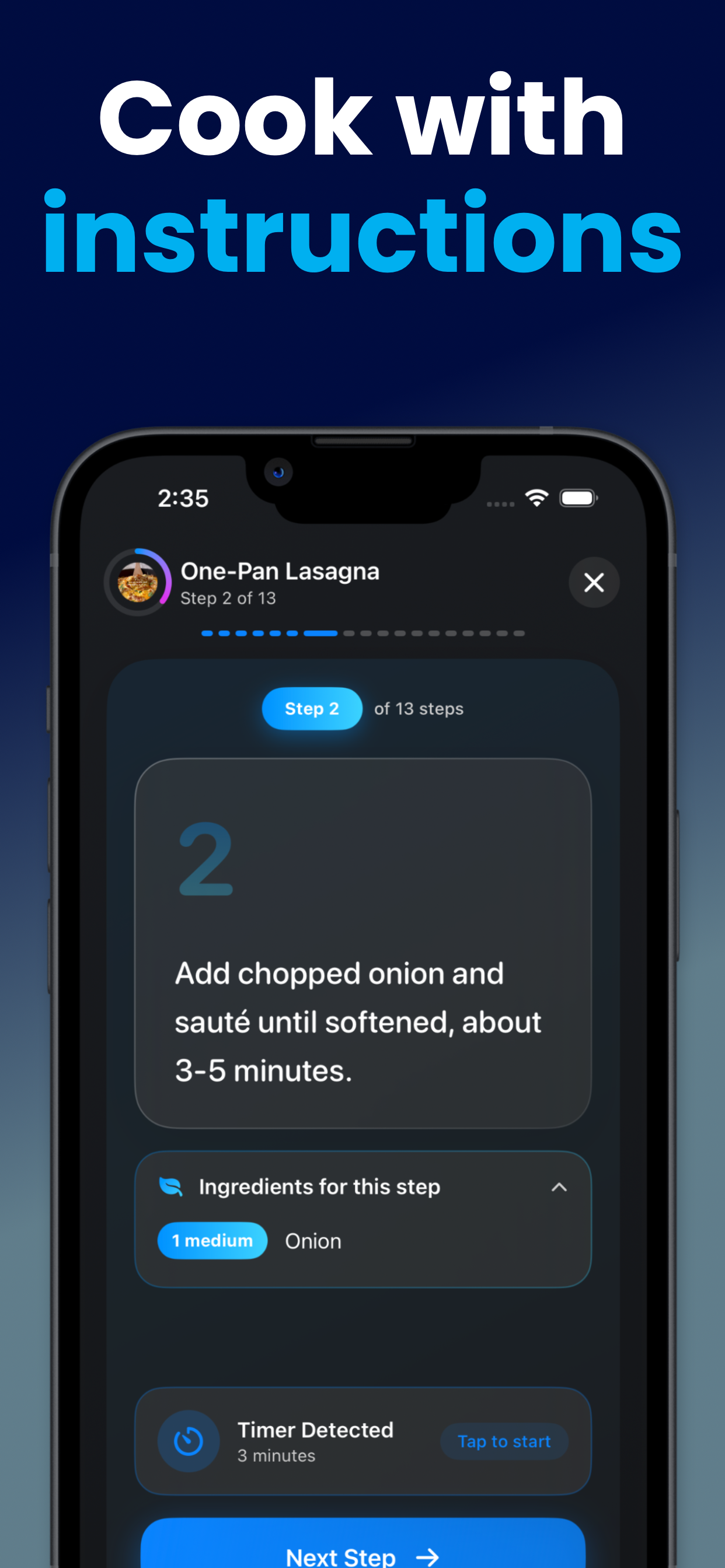 Chowboy step-by-step cooking mode showing step 2 of 13 for One-Pan Lasagna with a timer detected